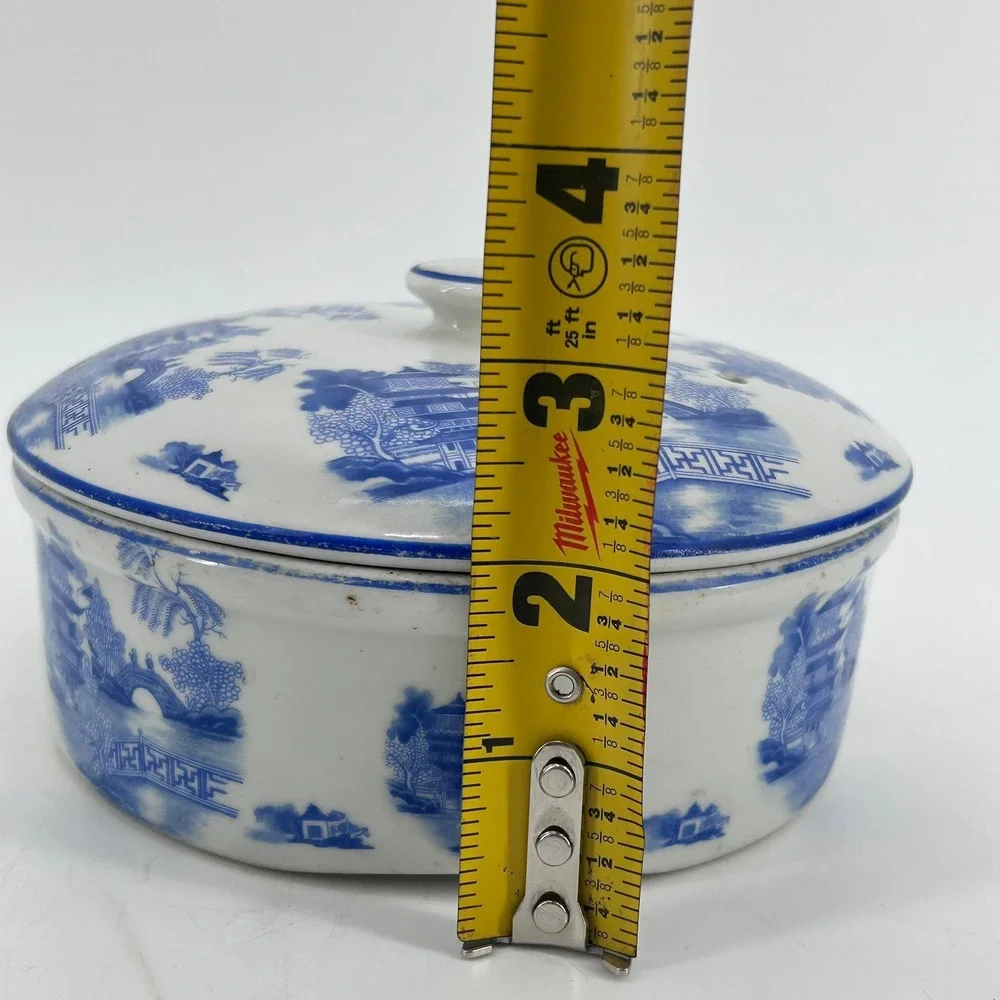 VTG Hall Blue Willow Transferware Covered Dish Round Pagoda Chinoiserie Blue